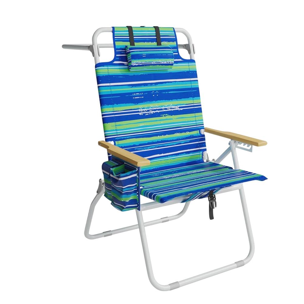 17" High Backpack Beach Chair w/Wooden Armrests, 5 Positions Large Cooler Pouch